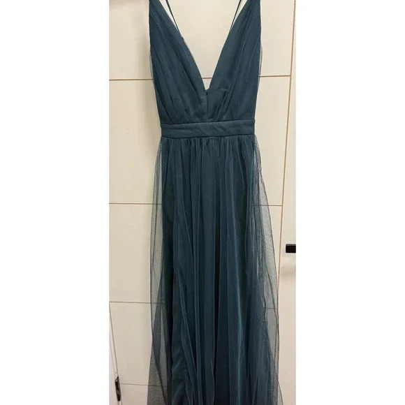 Lulus Rare Beauty Hunter Green Tulle Backless Maxi Dress M - Picture 2 of 9